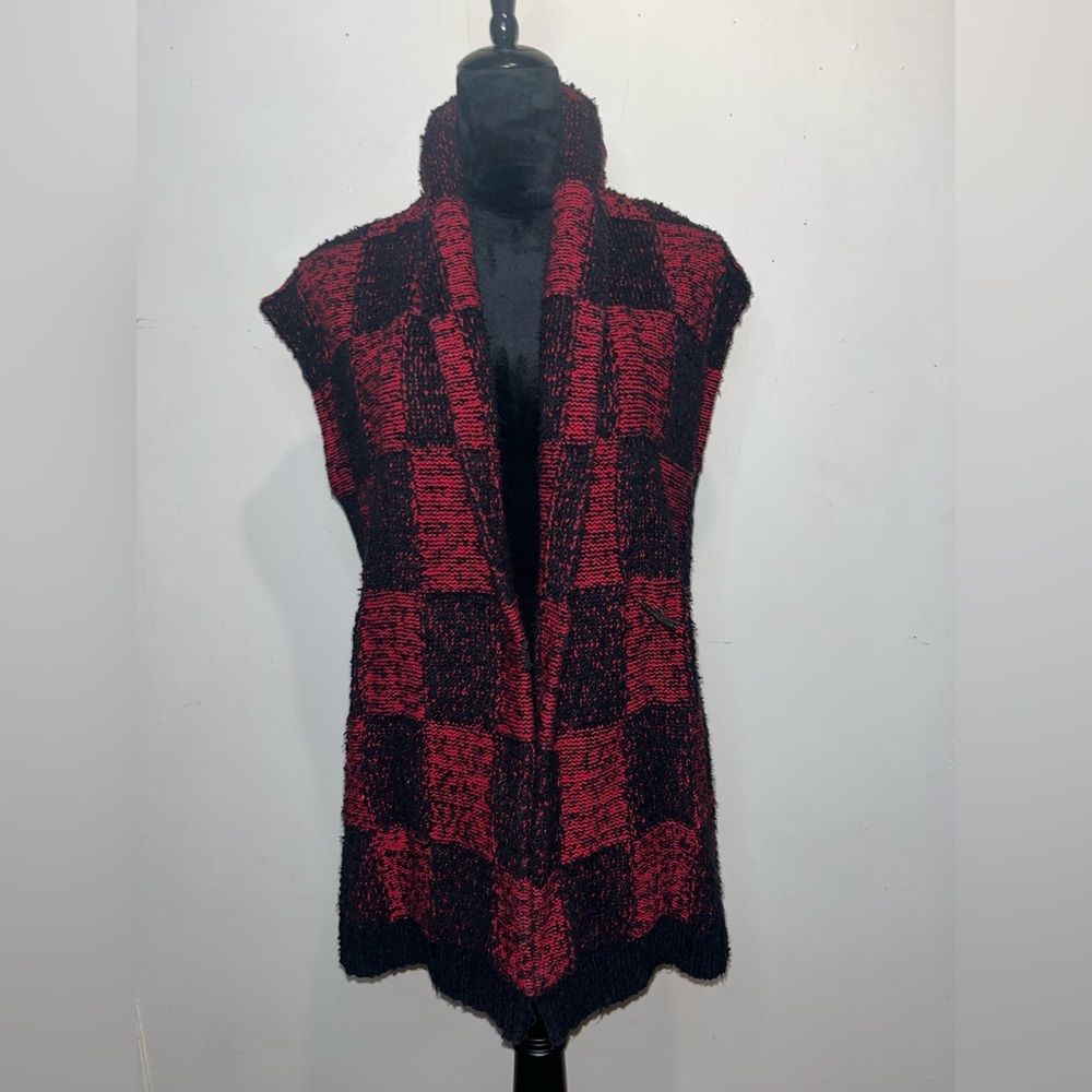 American Living Buffalo plaid knit sleeveless vest cardigan toggle closure M